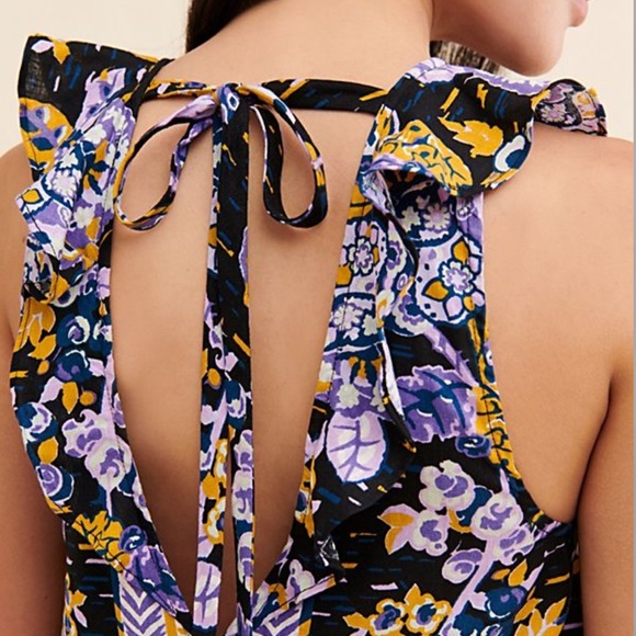 Free People Linen Ruffle Top Summer In Tulum Top Small Boho Floral Like New - Picture 3 of 8